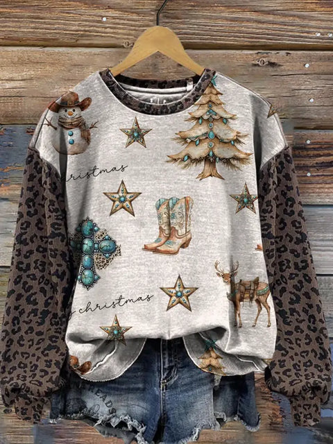 Retro Western Print Casual Cotton Leopard Print Christmas Sweatshirt