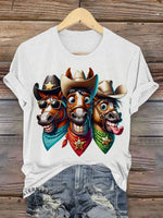 Retro Funny Western Horse Art Print Casual T-shirt