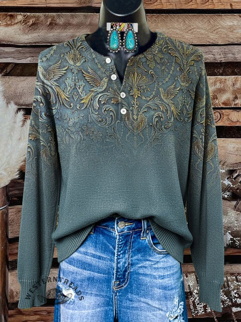 Floral Pattern Art Print Buttoned Cardigan Sweater