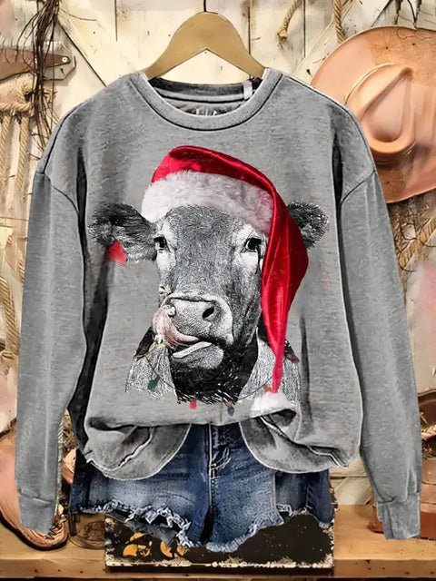 Retro Christmas Cow Print Casual Cotton Sweatshirt