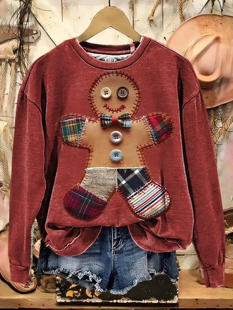 Retro Patchwork Gingerbread Man Casual Cotton Sweatshirt