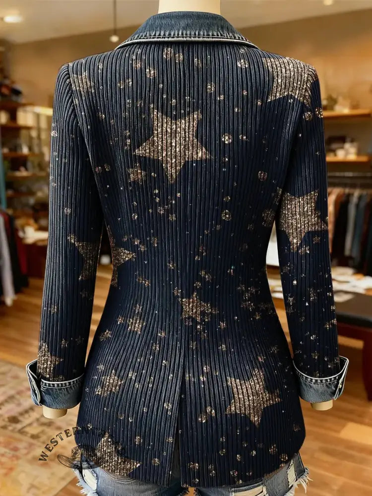 Star Art Print Patchwork Denim Sweater Cardigan Coat