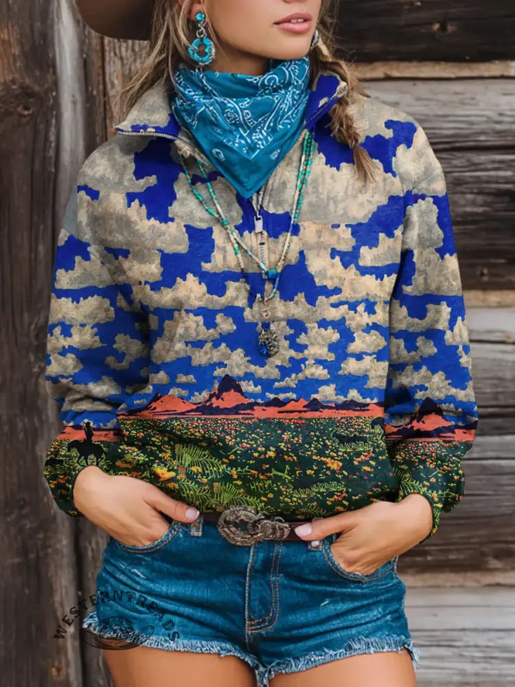 Vintage Print Casual Long Sleeve Zip Sweatshirt