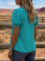 Women's Summer Puff Sleeve Layered Asymmetric Hem Casual Crewneck Shirt