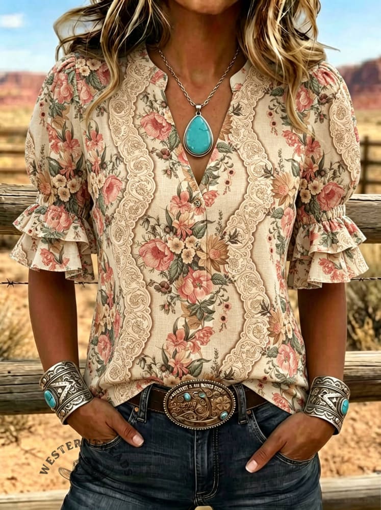 Women's Floral Print Puff Sleeve Casual Shirt