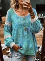 Women's Retro Floral Print Casual Lace Patchwork Shirt