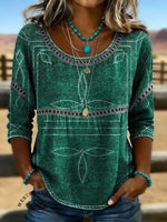 Women's Vintage Western Art Print Casual 3/4 Sleeves Hollow Denim Shirt