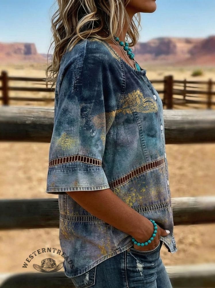 Women's Vintage Floral Print Casual Hollow-out Denim Shirt