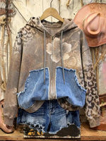 Retro Print Casual Cotton Patchwork Hooded Zip-up Sweatshirt