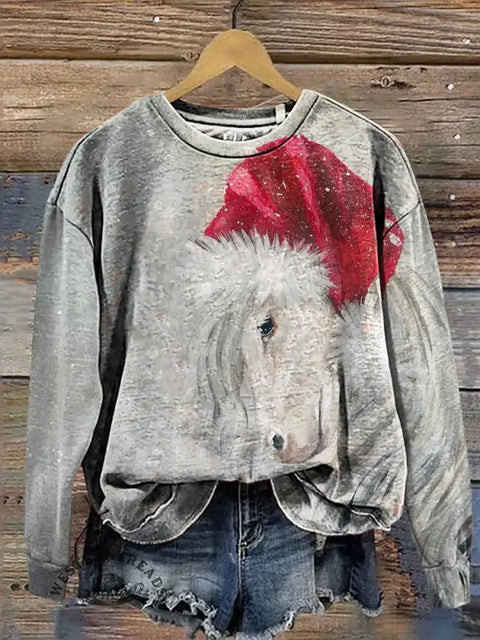 Retro Horse Art Print Casual Cotton Christmas Sweatshirt