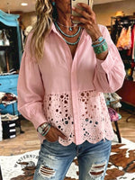 Women's Vintage Art Print Shirt Collar Lace Casual Shirt