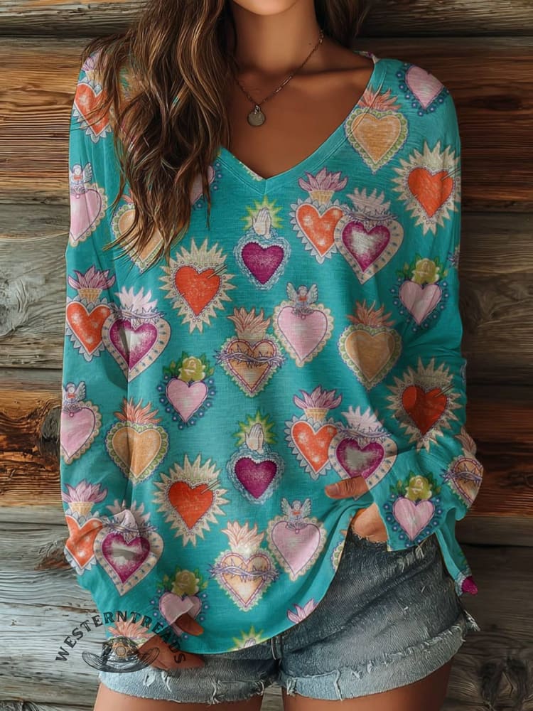 100% Cotton🍃Women's Agave Heart Art Print Casual V-neck Long Sleeve T-shirt