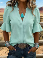 Women's Retro Lapel Puff Sleeve Ruffle Casual Shirt