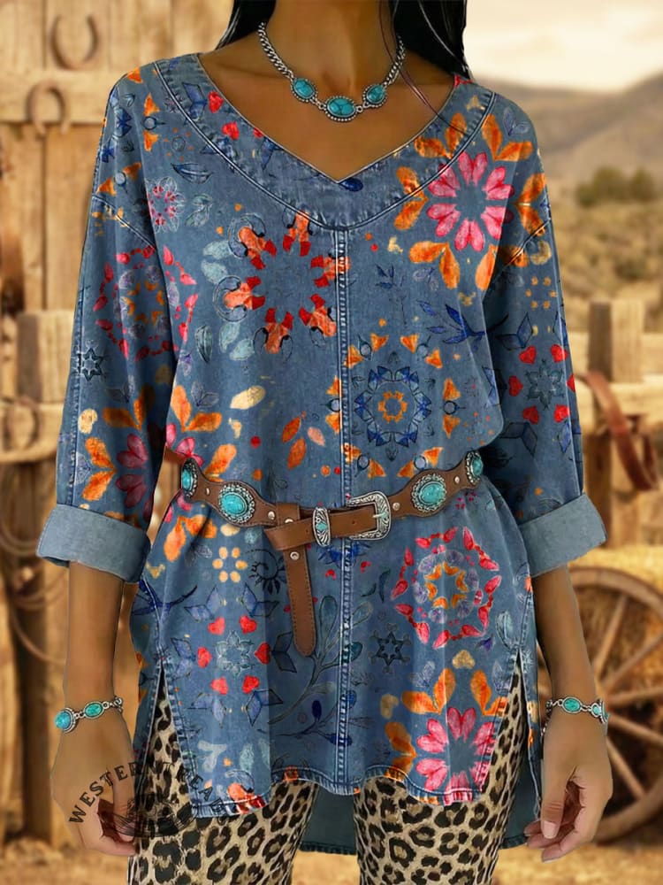 Vintage Elegant Denim Aztec Art Shirt