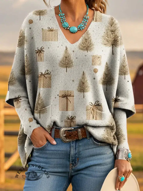 Women's Christmas Art Print Casual Knit Top