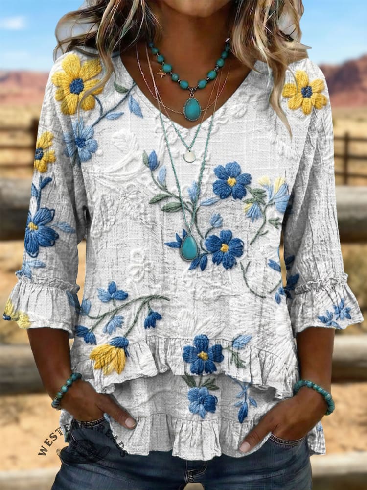 Vintage Art Patchwork Irregular Ruffles Shirt