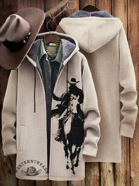 Cowboy Print Unisex Plush Thick Long-sleeved Cardigan Coat