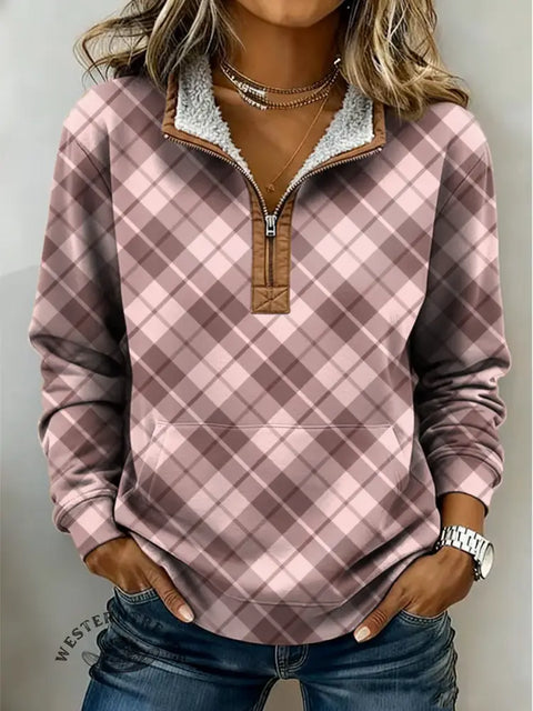 Pink Plaid Print Casual Half-zip Cotton Sweatshirt
