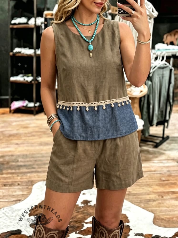 Women's Vintage Sleeveless Patchwork Casual Suit