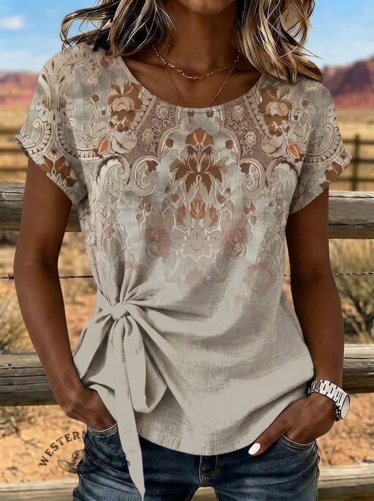 Retro Floral Art Tie Cotton Linen T-shirt