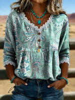 Women's Vintage Floral Print Casual Hollow-Out Denim Shirt