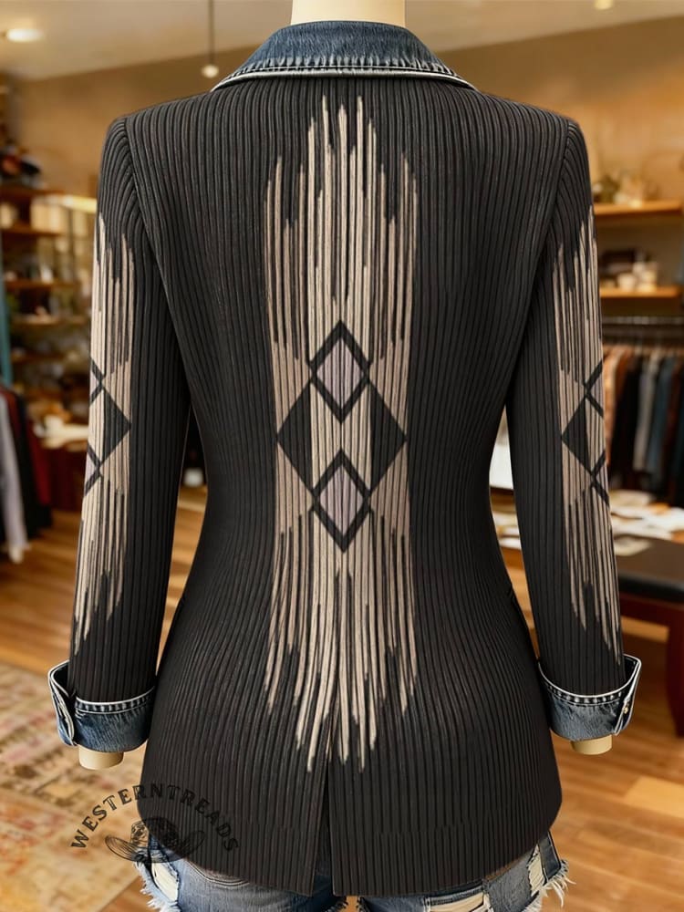 Aztec Print Patchwork Denim Sweater