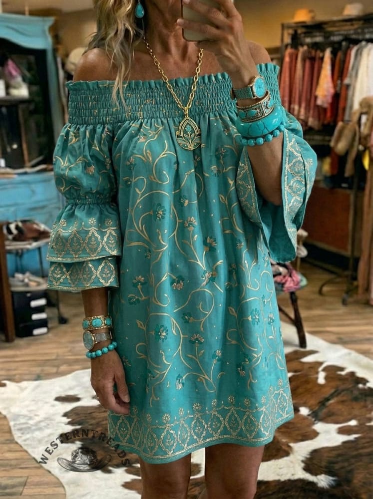 Women's Vintage Art Print Casual Off-shoulder Puff Sleeve Ruffle Dress