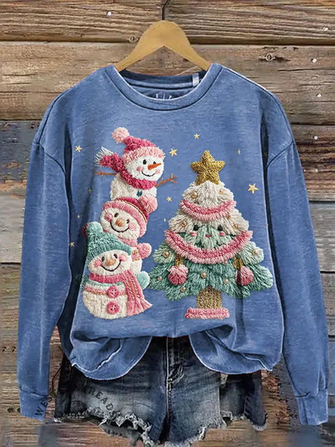 3D embroidery visual snowman Christmas tree Claus Casual Cotton Sweatshirt