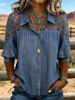 Vintage Art Hollowed Out Lace Patchwork Denim Shirt