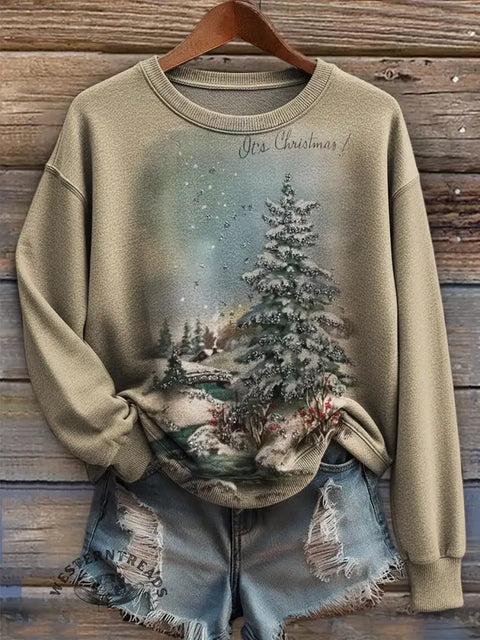 Women's Retro Christmas Art Print Casual Sweatshirt