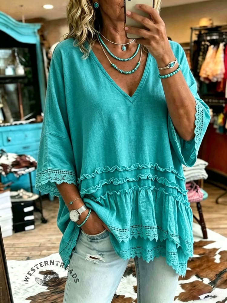 Women's Vintage Ruffle Patchwork Casual Shirt