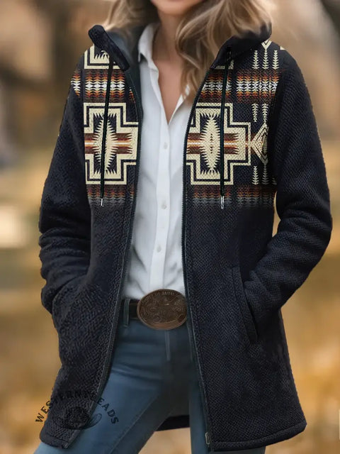 Retro Aztec Unisex Plush Thick Long-Sleeved Cardigan Coat