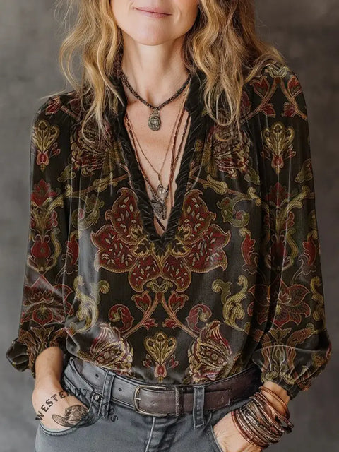 Women's retro flower Print Casual Cotton Shirt