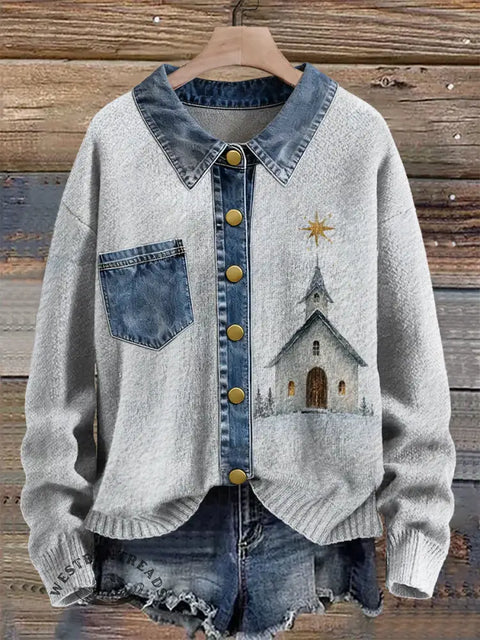 House Print Patchwork Denim Knit Pullover Sweater