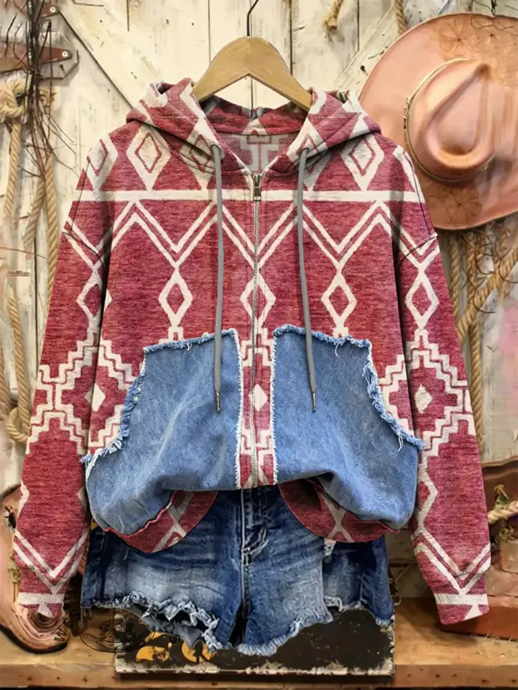 Retro Print Casual Cotton Patchwork Hooded Zip-up Sweatshirt