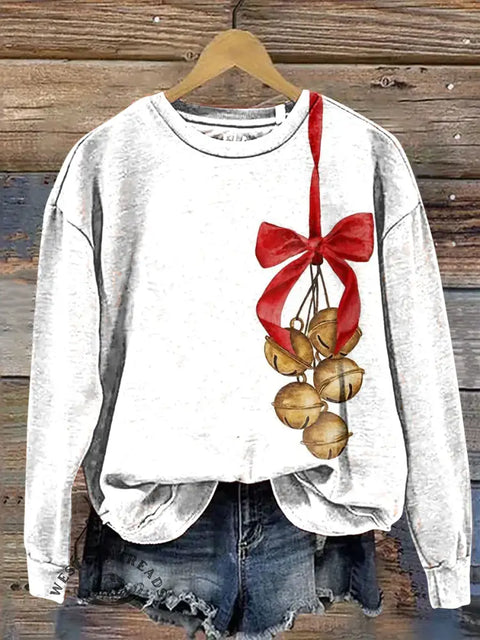 Christmas Red Bows And Bells Casual Cotton Sweatshirt