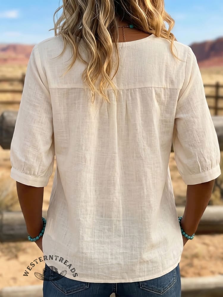 Vintage ArtPatchwork Cotton and Linen Embroidery Shirt