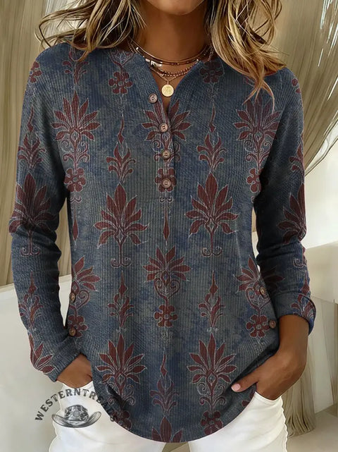 Women's Retro Floral Print Casual Cotton Shirt