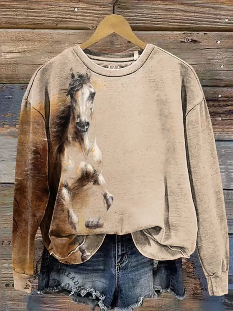 Retro Horse Art Print Casual Cotton Sweatshirt