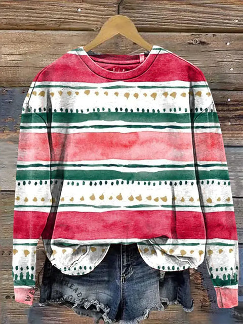 Christmas Color Stripes Casual Cotton Sweatshirt
