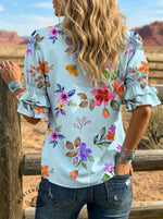 Women's Retro Floral Art Puff Sleeve Casual Shirt