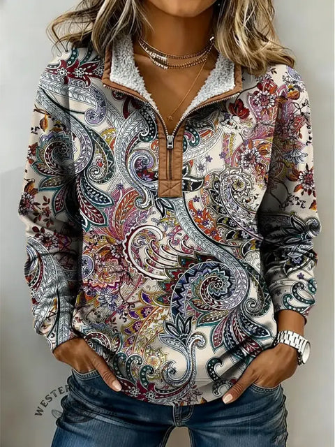 Paisley Print Casual Half-zip Cotton Sweatshirt