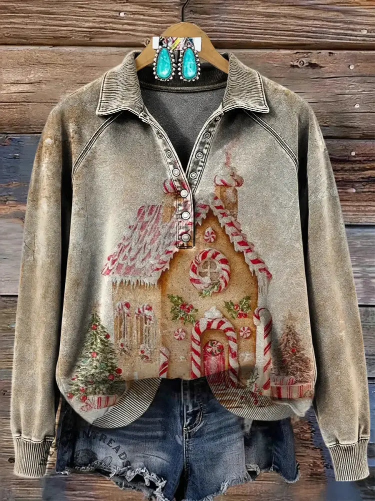 Women's Vintage Christmas Print Casual Cotton Sweatshirt