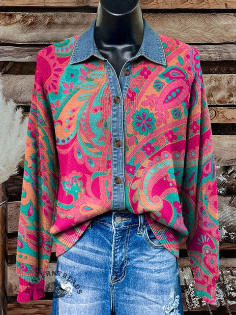 Denim Paisley Polo Collar Button Cardigan Sweater