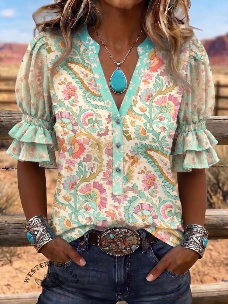 Vintage Art Print Comfortable Summer Fabrics Puff Sleeve Casual Shirt