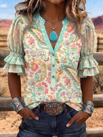 Vintage Art Print Comfortable Summer Fabrics Puff Sleeve Casual Shirt