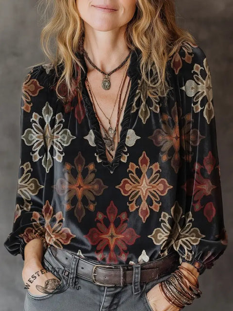 Women's retro flower Print Casual Cotton Shirt