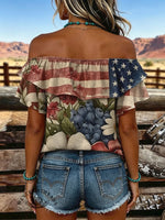 Women's Vintage US Independence Day Flowers Print Elastic Off-Shoulder Double-Layer Casual Shirt