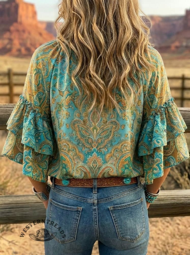 Vintage Paisley Art Print Casual Lace Up Ruffle Shirt