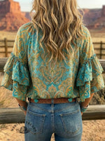 Vintage Paisley Art Print Casual Lace Up Ruffle Shirt